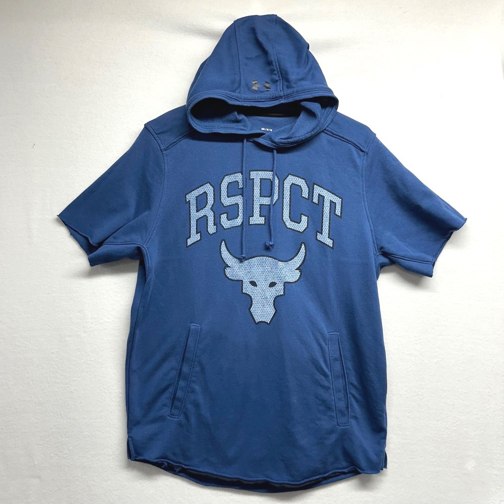 Under Armour Project Rock Hoodie Mens Medium Blue Short Sleeve RSPCT Training